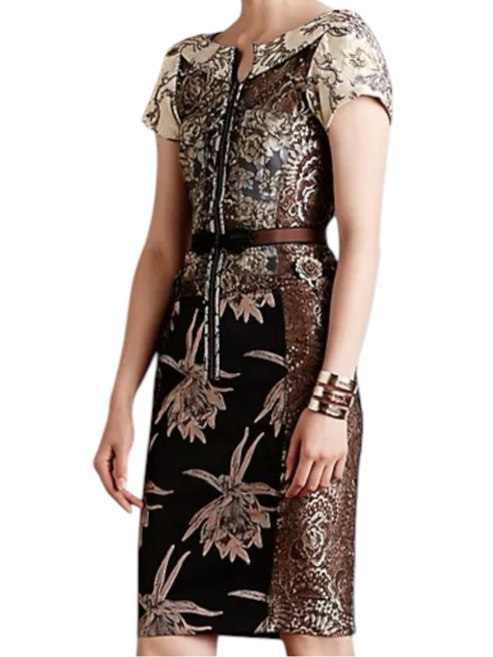 Beguile by Byron Lars Noemi Brocade Lace Sheath Dress Brown Black Size 6